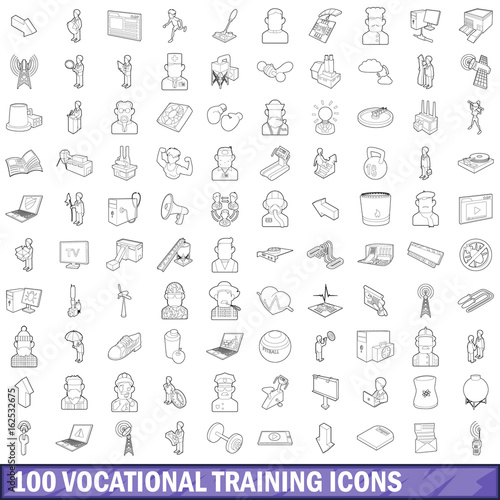 100 vocational training icons set, outline style