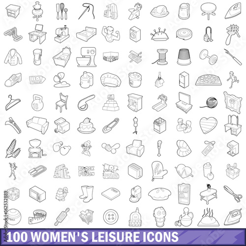 100 women leisure icons set  outline style
