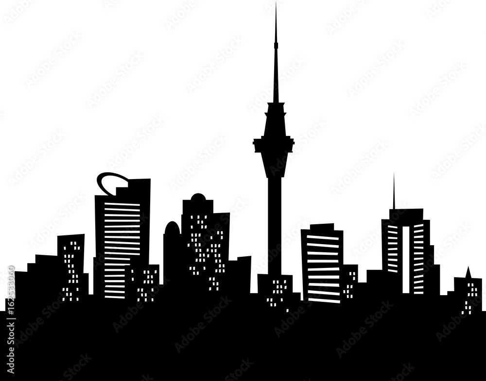 Cartoon skyline silhouette of the city of Auckland, New Zealand.