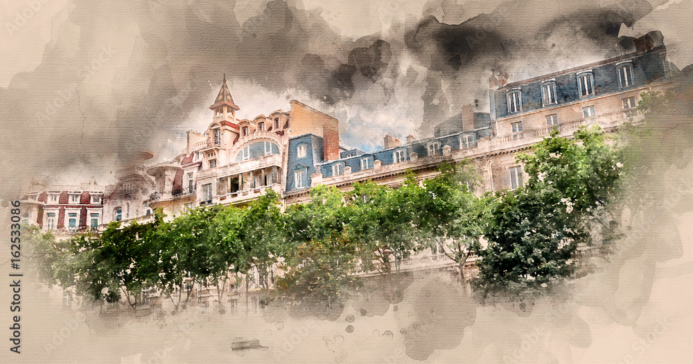 Old buildings and structures. PARIS Attractions. Sights. Urban landscape. Watercolor background