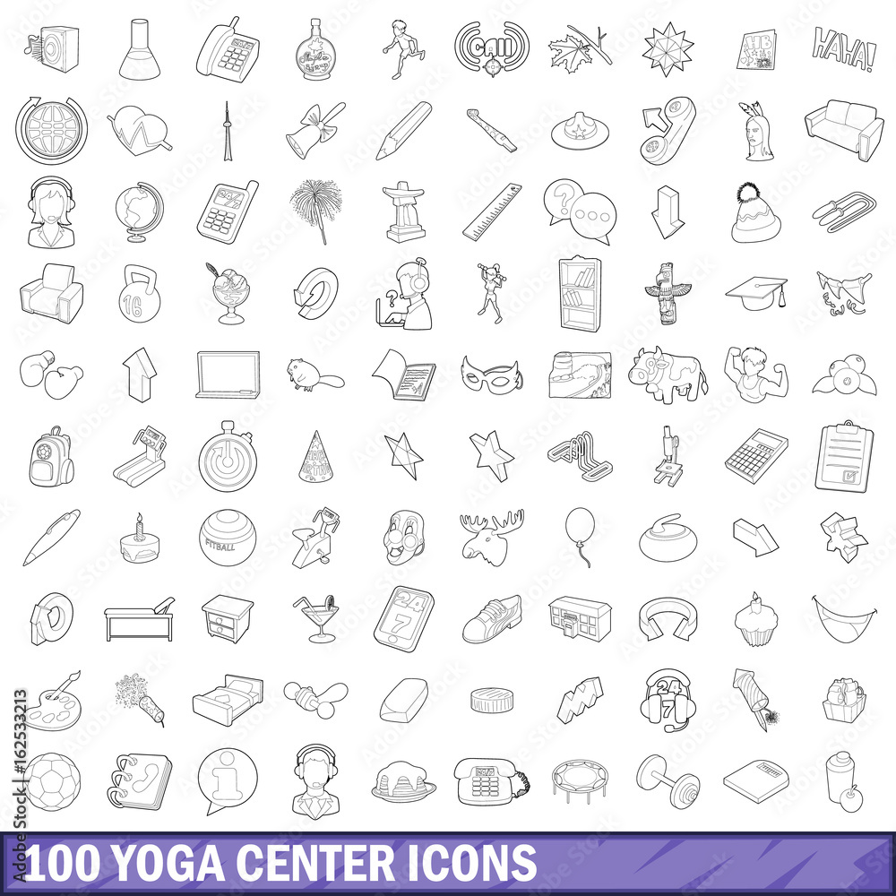 100 yoga center icons set, outline style
