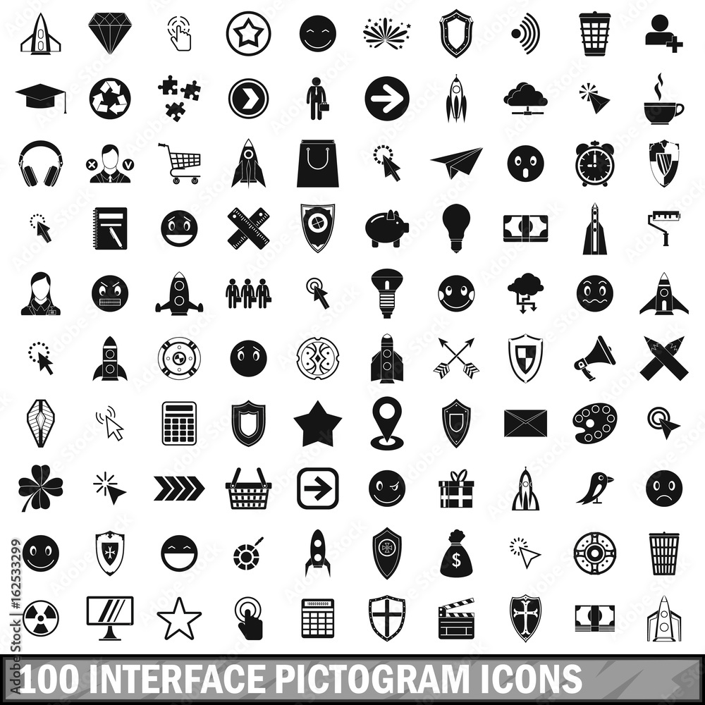 100 interface pictogram icons set, simple style 