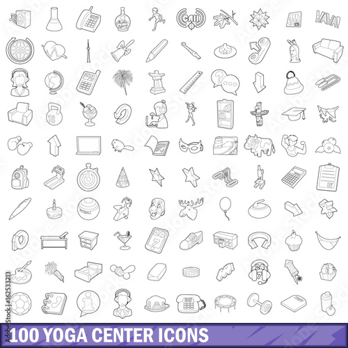 100 yoga center icons set  outline style