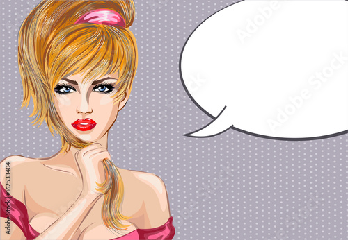 Pin up style sexy beautiful woman portrait with speech bubble, pop art comic girl looking forward vector illustration