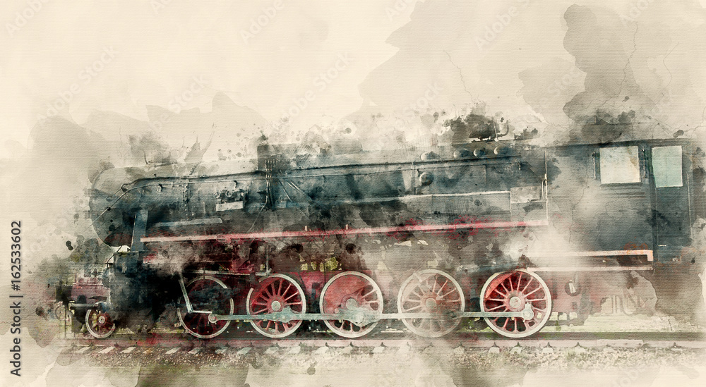 Old steam locomotives of the 20th century. Watercolor background - obrazy, fototapety, plakaty 