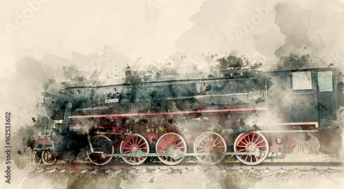 Old steam locomotives of the 20th century. Watercolor background