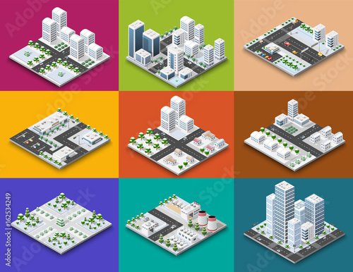 City module creator isometric concept of urban infrastructure business. Vector building illustration of skyscraper and collection of urban elements architecture, home, construction, block and park
