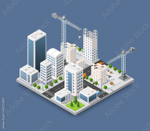 Construction crane heavy industrial industry with skyscrapers, houses, streets. Urban modern quarter of the city. Isometric view of the projection of a winter landscape