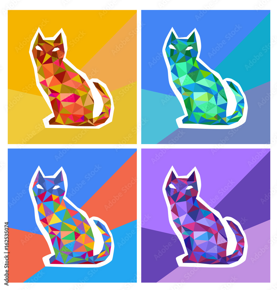 Abstract polygonal colored cats. The geometric figure of a hipster. Design of T-shirts and postcards, invitations