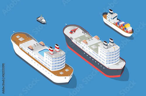Cruise boat and naval ships nautical transport on the sea for travel vacation tourism illustration. Isometric set of transportation objects