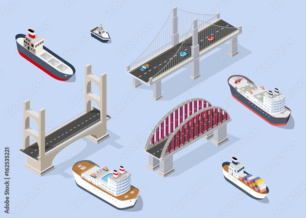 Naklejka premium Cruise boat and naval ships nautical transport on the sea for travel vacation tourism illustration. Isometric set of transportation objects