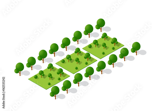 Isometric 3d trees forest camping nature elements white background for landscape design. Vector illustration isolated. Icons for city maps, games and your town