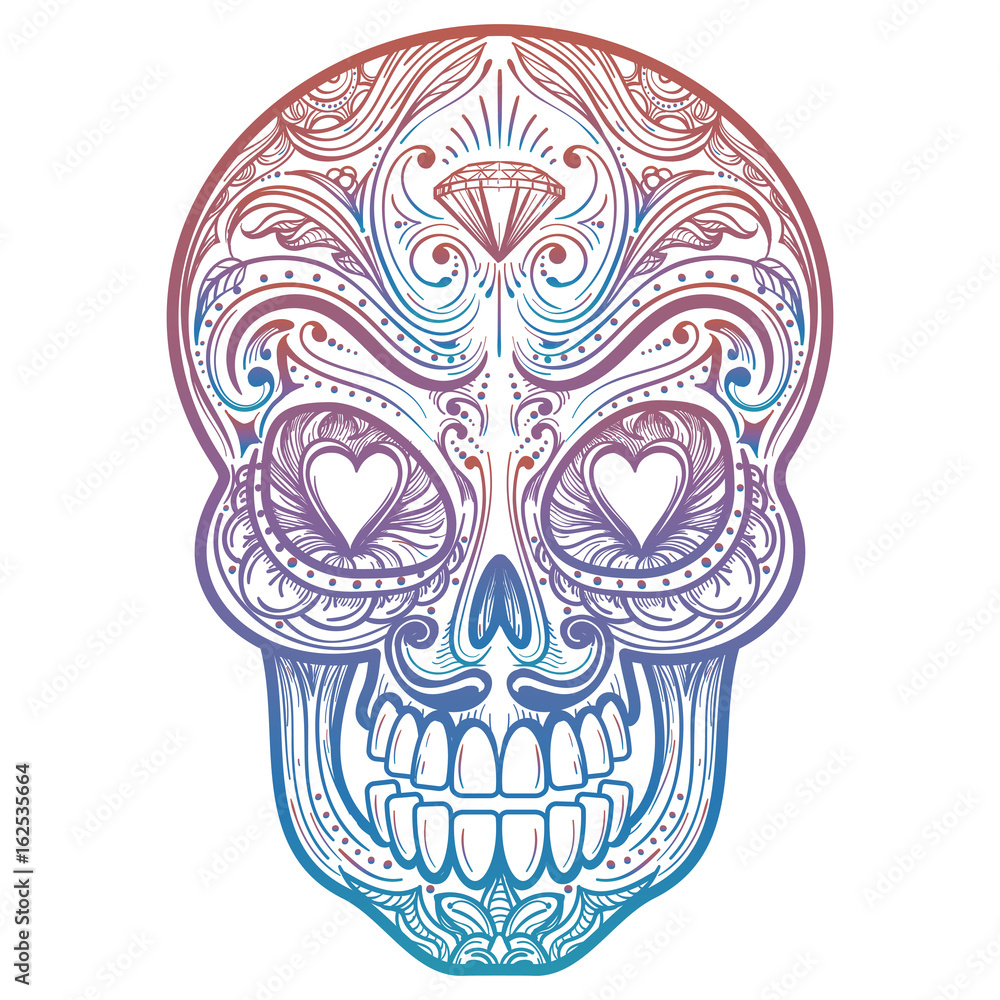 Colorful mexican decorative skull tattoo on white background. Vector illustration