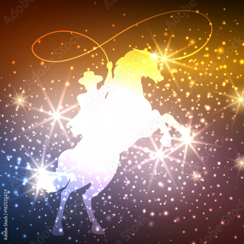 Colorful background with cowboy on horse and light splashes, vector illustration