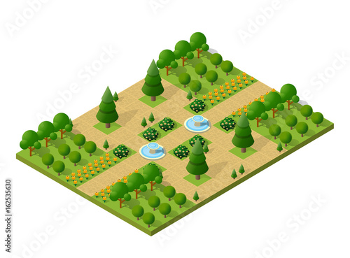 Isometric 3d trees forest camping nature elements white background for landscape design. Vector illustration isolated. Icons for city maps, games and your town