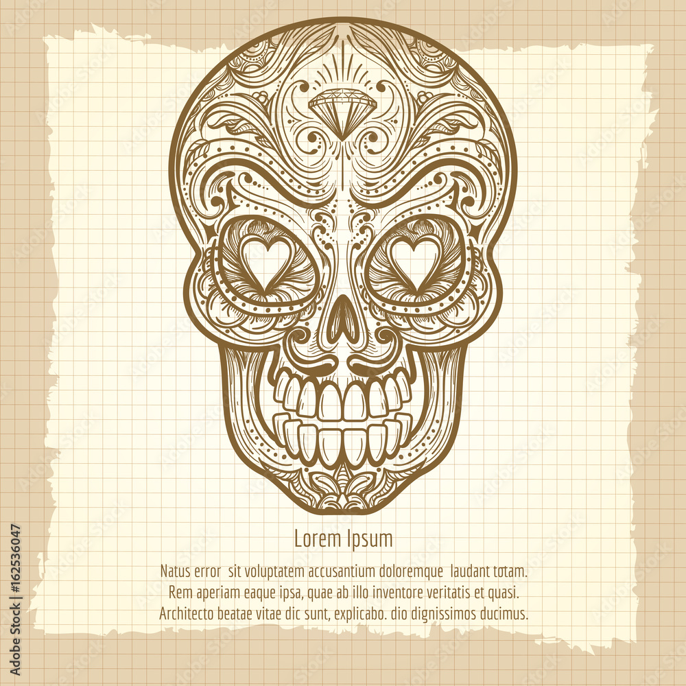 Mexican decorative skull on vintage background, vector illustration