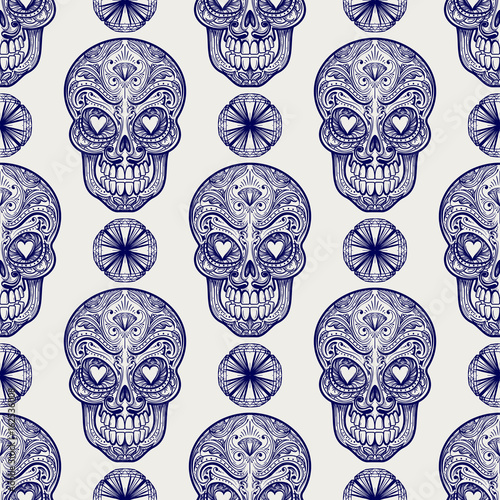 Mexican sugar skull and diamonds seamless pattern, vector illustration