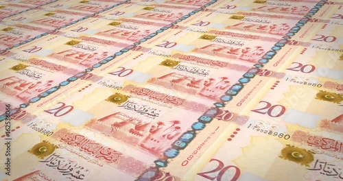 Banknotes of twenty libyan dinars of Libya rolling on screen, cash money, loop