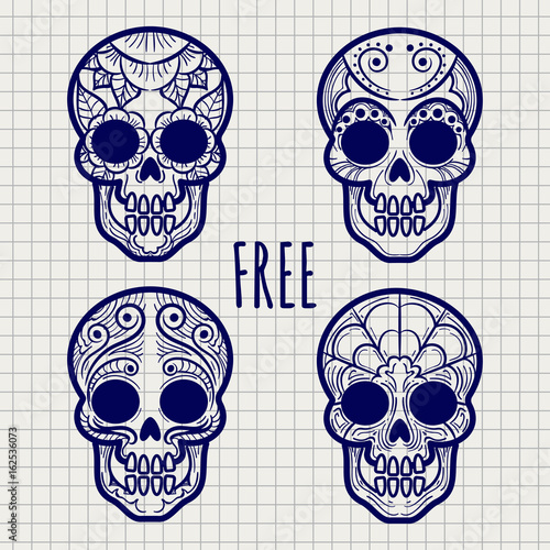 Mexican sugar or calavera skulls on notebook page, vector illustration