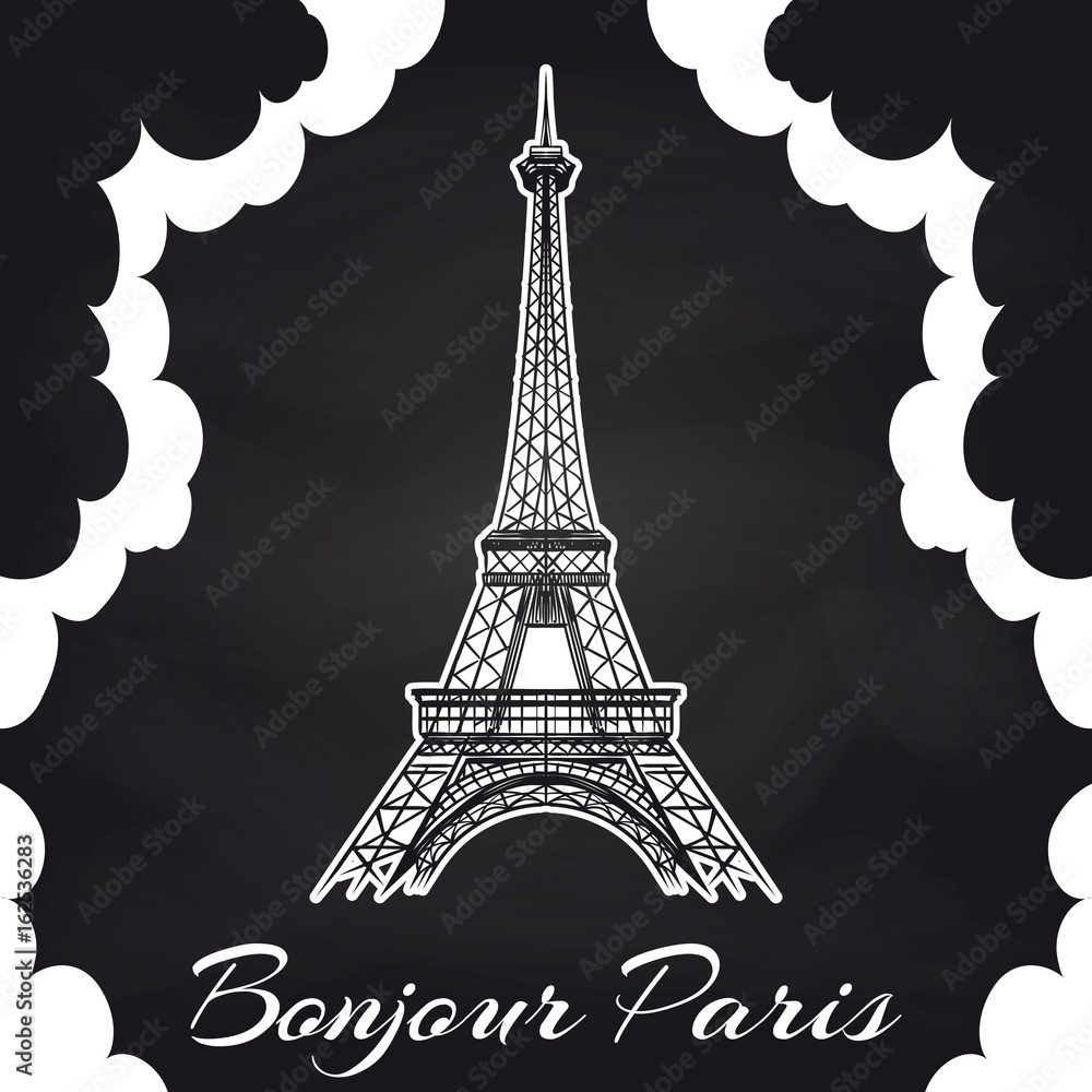 Chalkboard Paris poster with Eiffel tower, clouds. Vector illustration