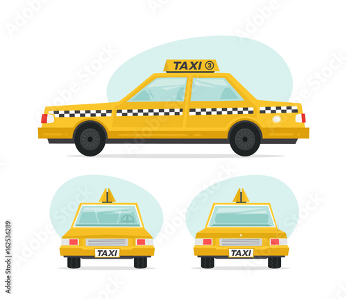 Set of cartoon yellow taxi car. Isolated objects on white background in flat cartoon style. illustration.