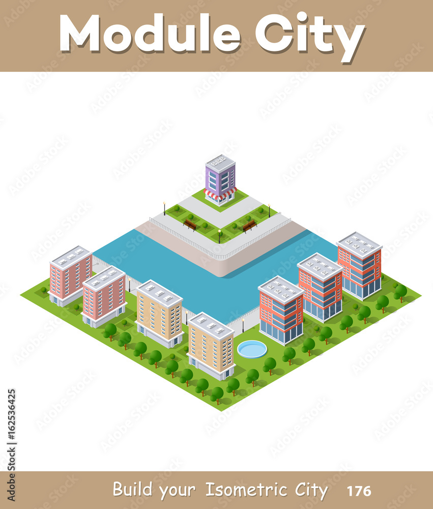 Isometric vector illustration of a modern city with a marina and river embankment. Dimensions of skyscrapers, houses, buildings and urban areas with transport routes