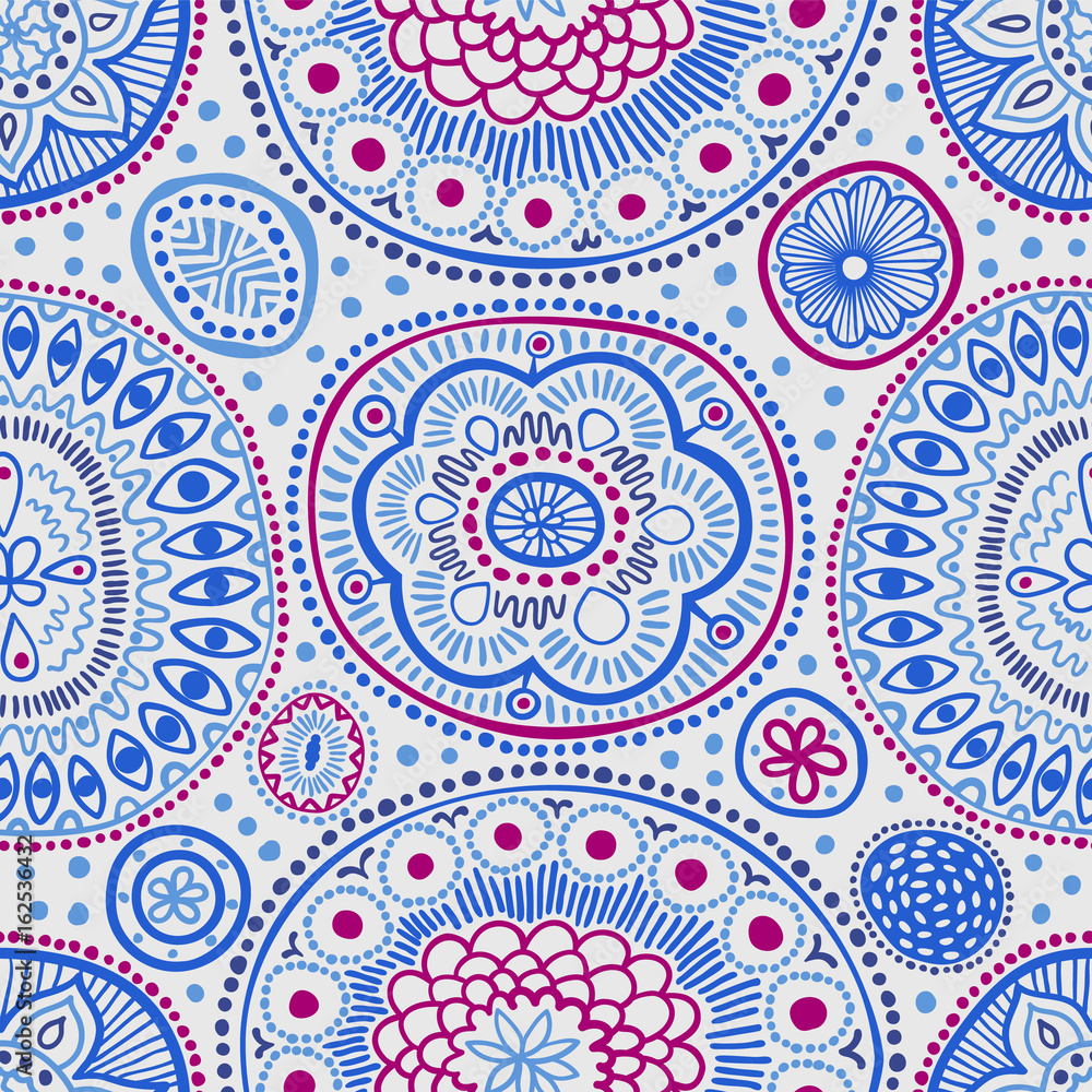 Fototapeta premium Seamless pattern. Seamless botanic texture, detailed dots and circles illustrations. Ethnic pattern in doodle style, summer floral background. All elements are not cropped and hidden under mask.