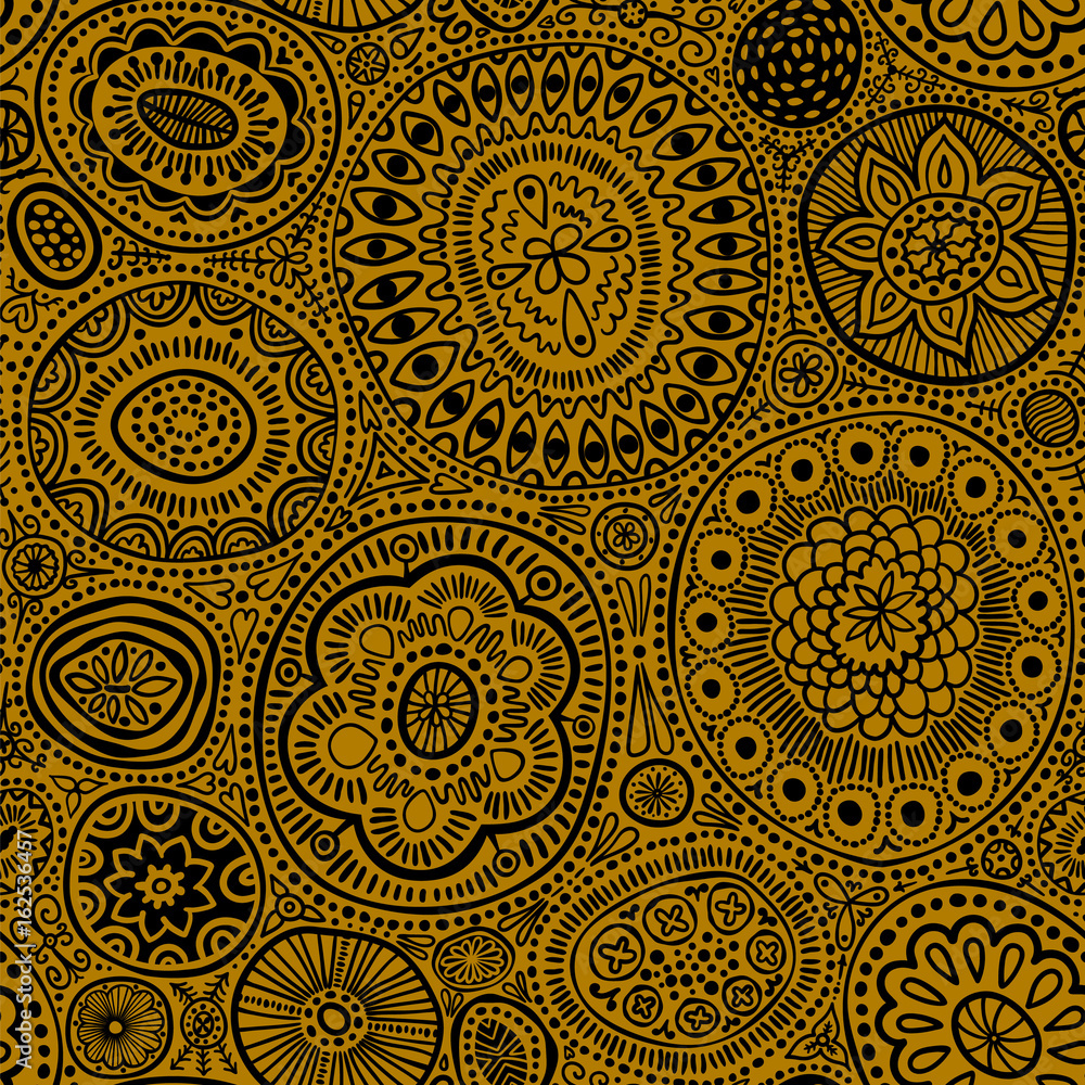 Seamless pattern. Seamless botanic texture, detailed dots and circles illustrations. Ethnic pattern in doodle style, summer floral background. All elements are not cropped and hidden under mask. Black