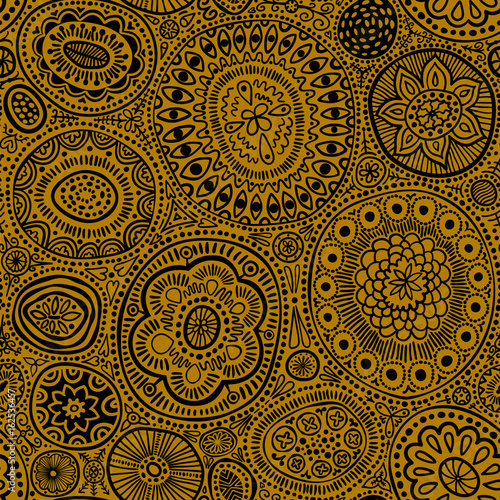 Seamless pattern. Seamless botanic texture, detailed dots and circles illustrations. Ethnic pattern in doodle style, summer floral background. All elements are not cropped and hidden under mask. Black