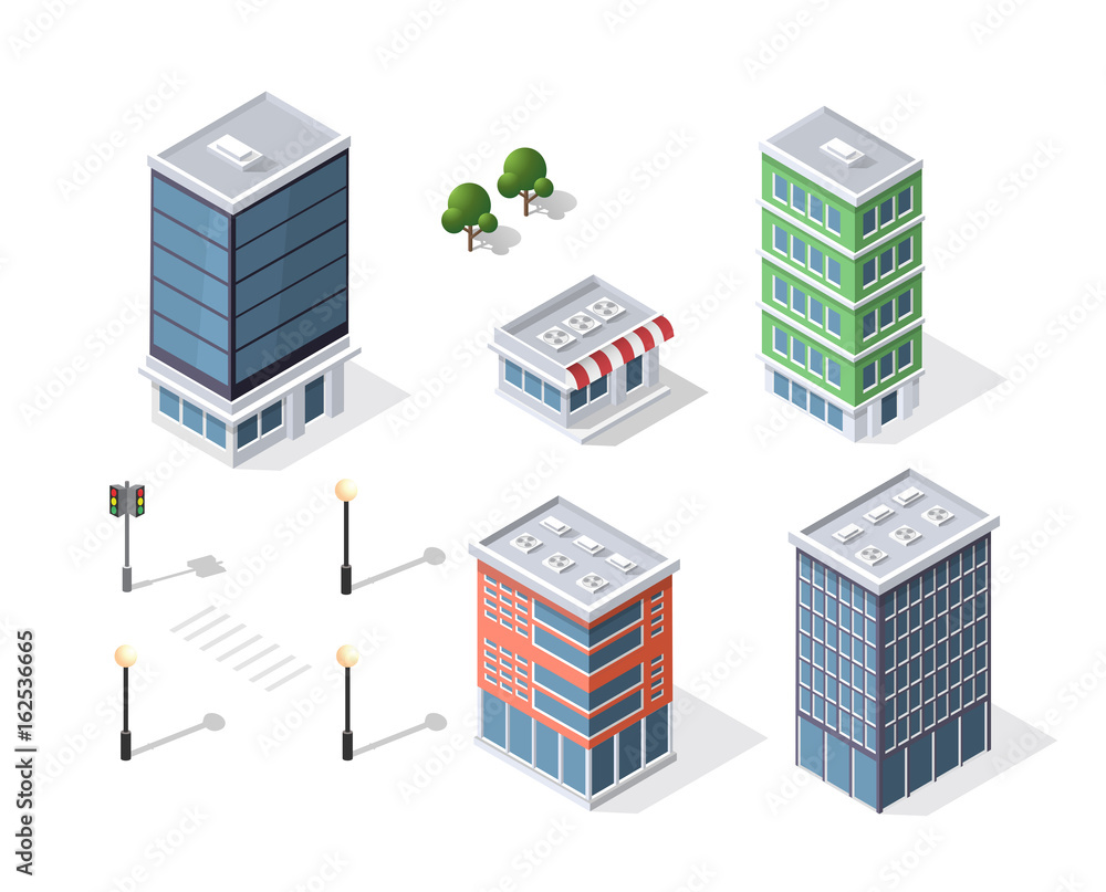 Set of modern isometric buildings and plants for sites and games Set of modern isometric buildings and plants for sites and games