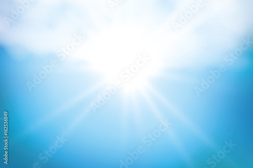 Sunny background, blue sky with white clouds and sun, vector illustration,