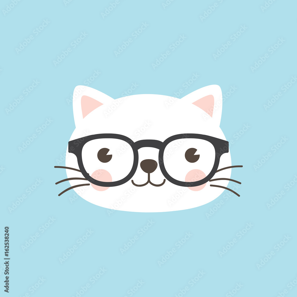 Cat face character. A cute white kitten wearing geek/nerd glasses on sky blue background Vector illustration for greeting card, invitation. Cat face character. A cute white kitten wearing geek/nerd glasses on sky blue background Vector illustration for greeting card, invitation.