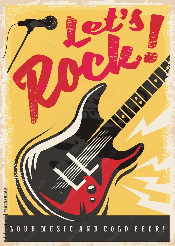 Vecteur Stock Rock music party retro poster design with electric guitar ...