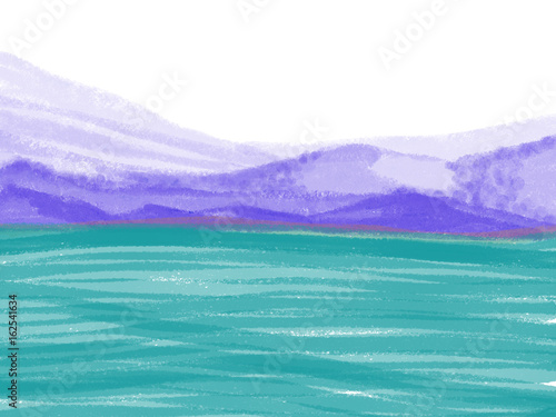 Colorful abstract hand drawn view of mountains with trees and lake on white background, isolated landscape illustration in violet and blue color painted by watercolor, pen ink on canvas, high quality