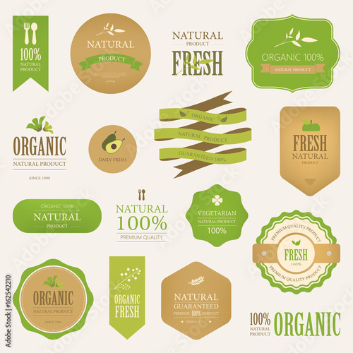 set of natural label and organic label green color. vintage labels and badges design.