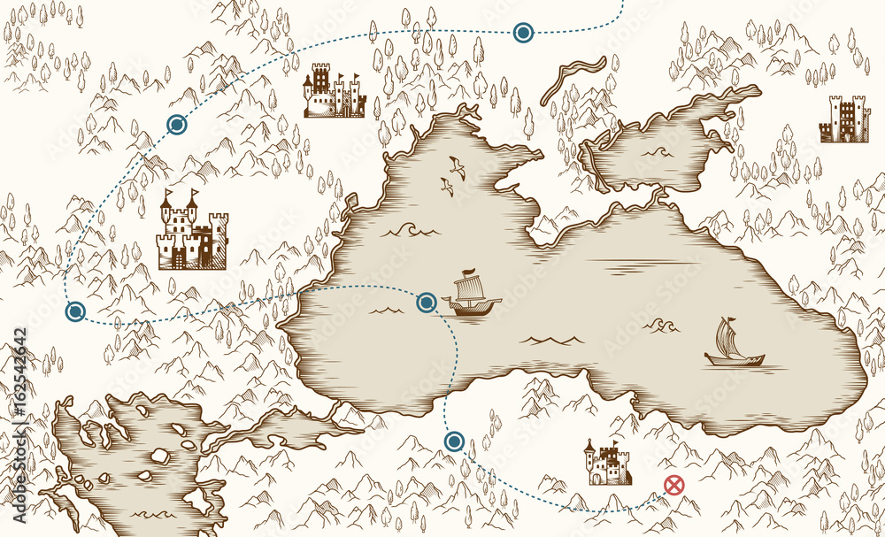 Naklejka premium Medieval cartography, old pirate treasure map, vector illustration
