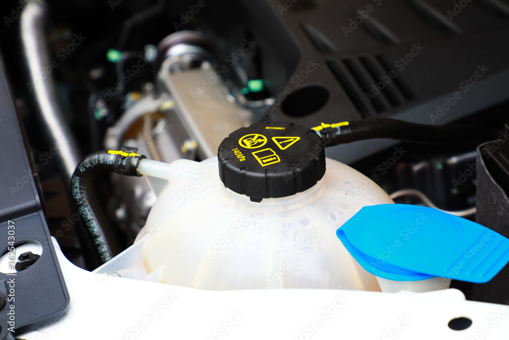Close up Coolant container in a car's engine bay Stock Photo Adobe Stock