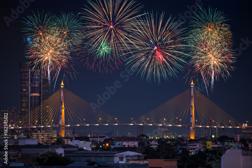 Beautiful firework display on celebration night, showing on the river 