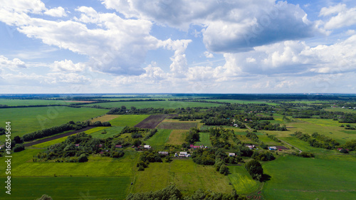 Village and field of central Russia from above