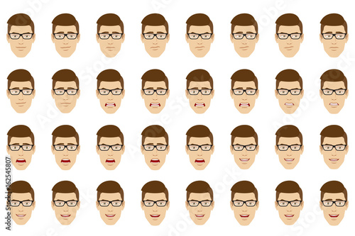 Man wearing glasses  with different emotions and facial expressions