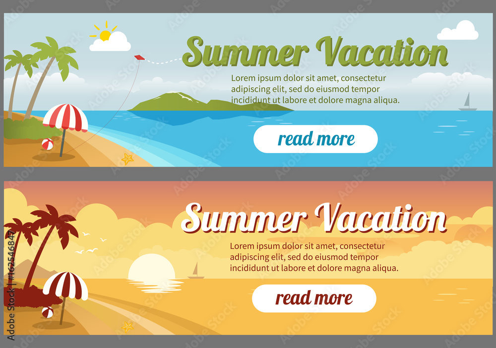 Summer travel banners. Tropic vacation background design.