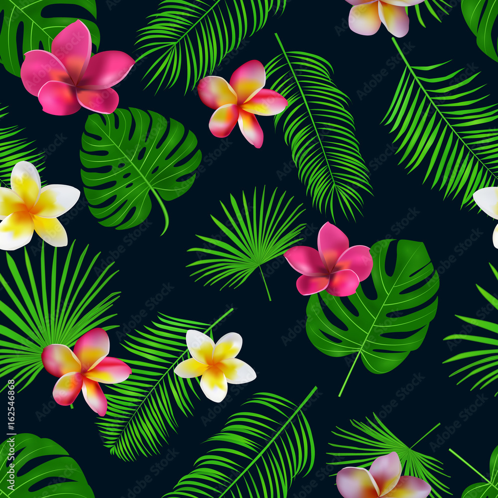 Seamless hand drawn tropical vector pattern with orchid flowers and exotic palm leaves on dark background.