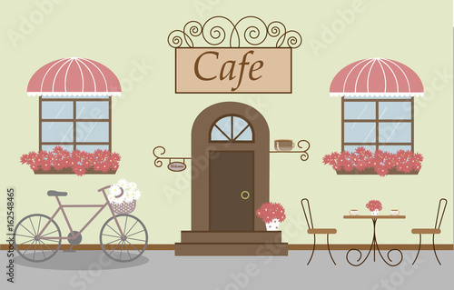 Pretty scenery in a rustic style. A cafe, two windows with a striped awnings, door, stairs, red flowers. A bike and basket of daisies. A cute table and chairs. Vector illustration 