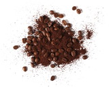Pile of powdered, instant coffee and beans isolated on white background, top view