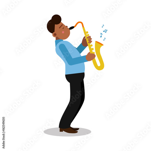 Young black man playing sax cartoon character, saxophone player vector Illustration