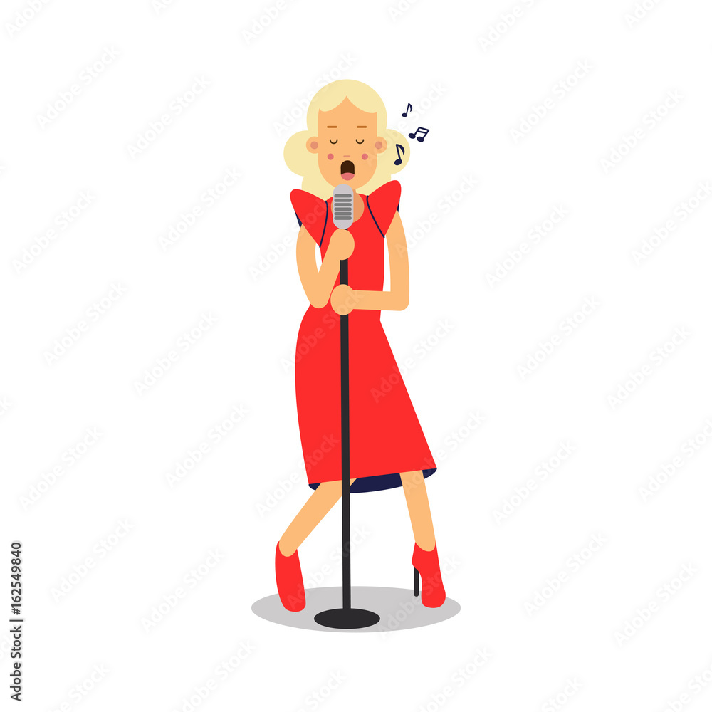 Young blonde woman in red dress singing with microphone cartoon character vector Illustration Young blonde woman in red dress singing with microphone cartoon character vector Illustration