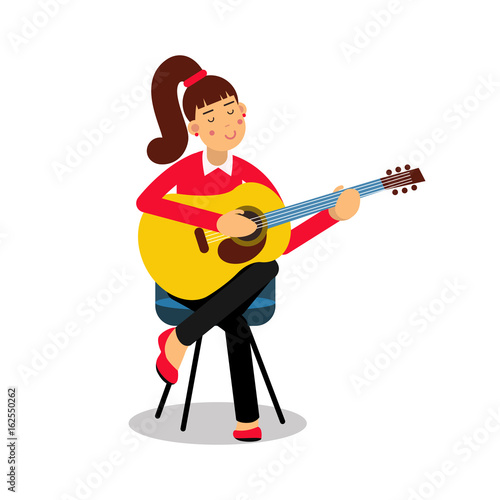 Teenage girl playing an acoustic guitar cartoon character vector Illustration