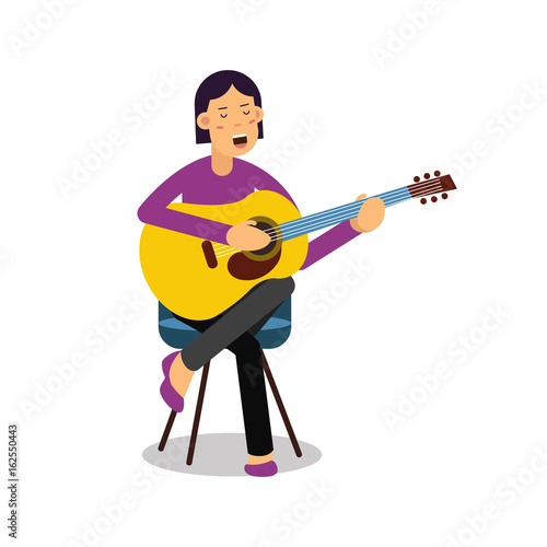 Young woman playing an acoustic guitar and singing cartoon character vector Illustration