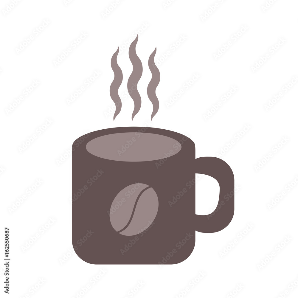 The mug is brown with a pattern of the coffee, with steam. In flat design style. Cup isolated. White background. Vector illustration.