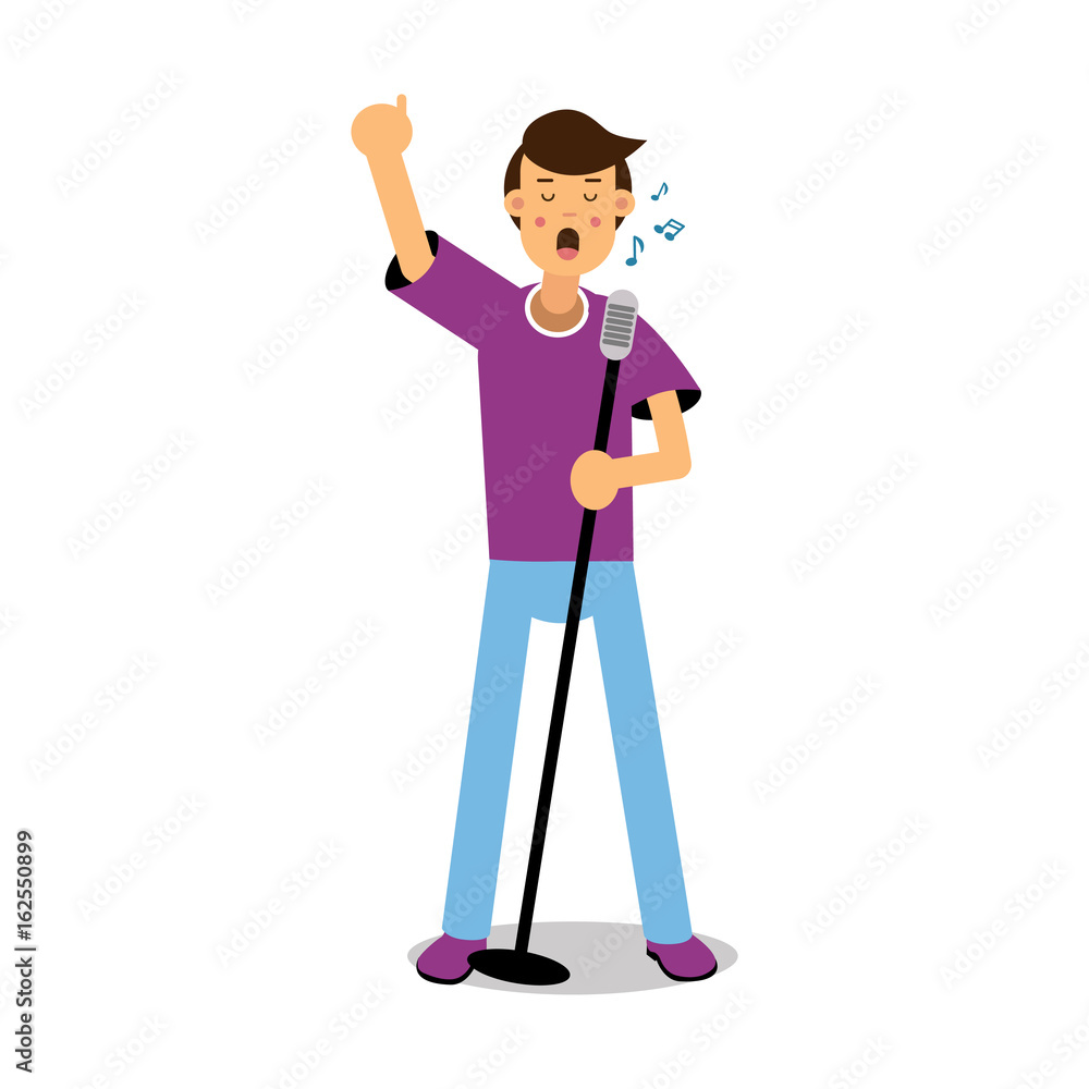 Young man singing with microphone cartoon character vector Illustration Young man singing with microphone cartoon character vector Illustration